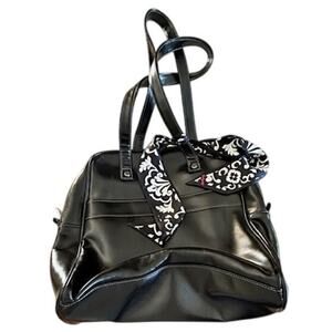 Thirty-One Black Faux Leather City Weekender Tote with Damask Interior